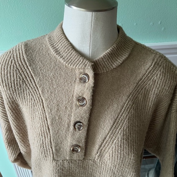 Tan Lightweight Button Up Crewneck Sweatshirt - Picture 3 of 3